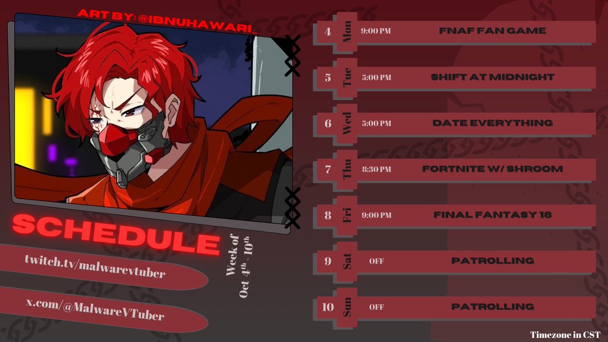 MalwareVTuber's tweet photo. My first fully put together stream schedule
Clips: #CrimsonCaptures
Art: #MalwareUnmasked
NSFW: #EuphoricCorruption
Memes: #DollarStoreJustice
Live: #MalsShadowOps
Oshi mark: 🔴⚡️
#Vtuberㅤ #VTuberCommunity #VtuberUprising https://t.co/6FtlHeUXF3