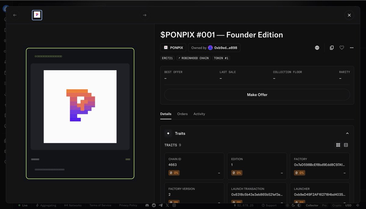 PonpixdotFun's tweet photo. Your PONPIX NFT can be bought and sold on OpenSea on Robinhood Chain. List yours at your chosen price or make an offer on an edition you love.

Start your collection → 
https://t.co/dvsBkkzoC8 https://t.co/nWecSzf4PX