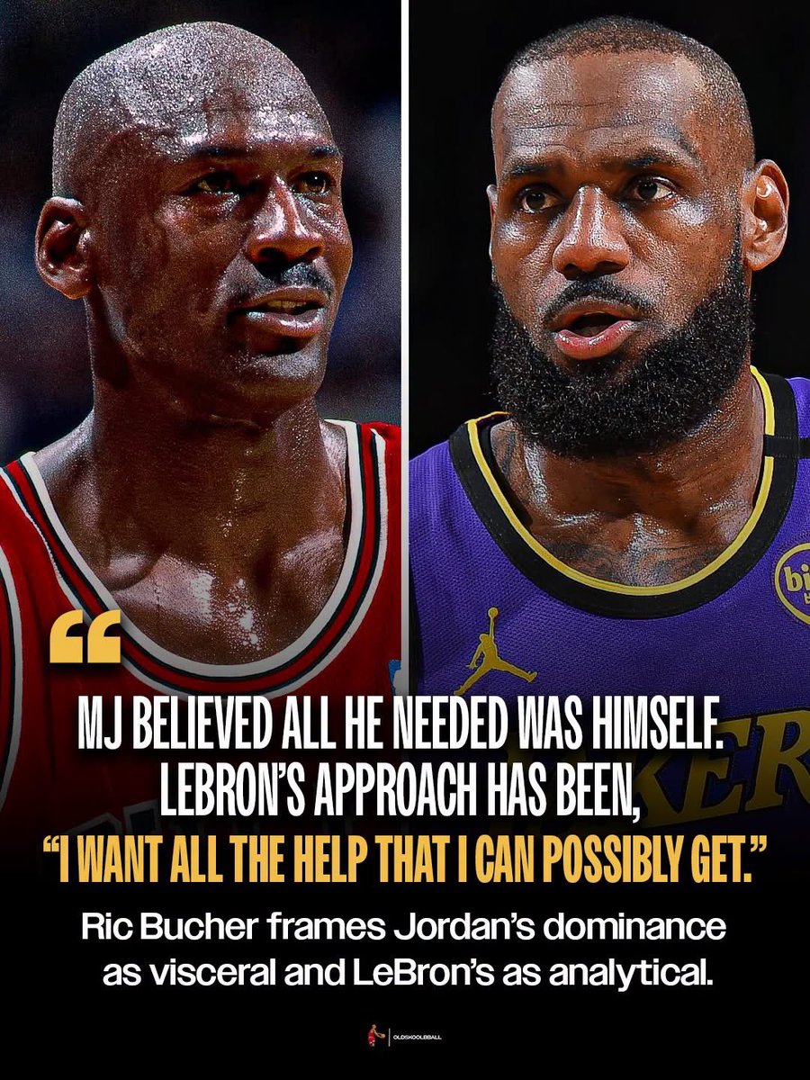 oldskoolbballx's tweet photo. Ric Bucher explained what he believes separates Michael Jordan and LeBron James in the GOAT debate, pointing to their different approaches to overcoming adversity and building winning teams.

“For those in the Jordan camp, it matters that Jordan didn’t run from the Pistons. He kept charging at them until he found a way to break through.”

“LeBron has been pretty damn good at recognizing what he needs to win and making sure he gets it.”

Bucher argues that Jordan believed he could overcome obstacles through his own dominance, while LeBron has focused on identifying what he needs to win and surrounding himself with the necessary talent.

“Jordan’s dominance was visceral. LeBron’s is analytical. LeBron’s approach has been, ‘I want all the help that I can possibly get.’”
