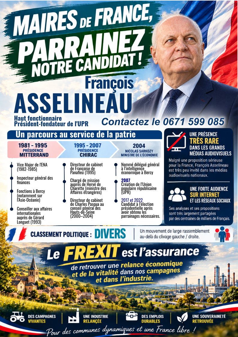 GMignit's tweet photo. 🇫🇷 Maires de France, parrainez @f_asselineau  !
👉 Parrainer un candidat, c’est lui permettre de participer à l’élection et aux Français de choisir.
L'#UPR, propose une union provisoire pour rendre aux français leurs compétences d'État détenus par Bruxelles. 
#libération https://t.co/eJ1EVbqhyr