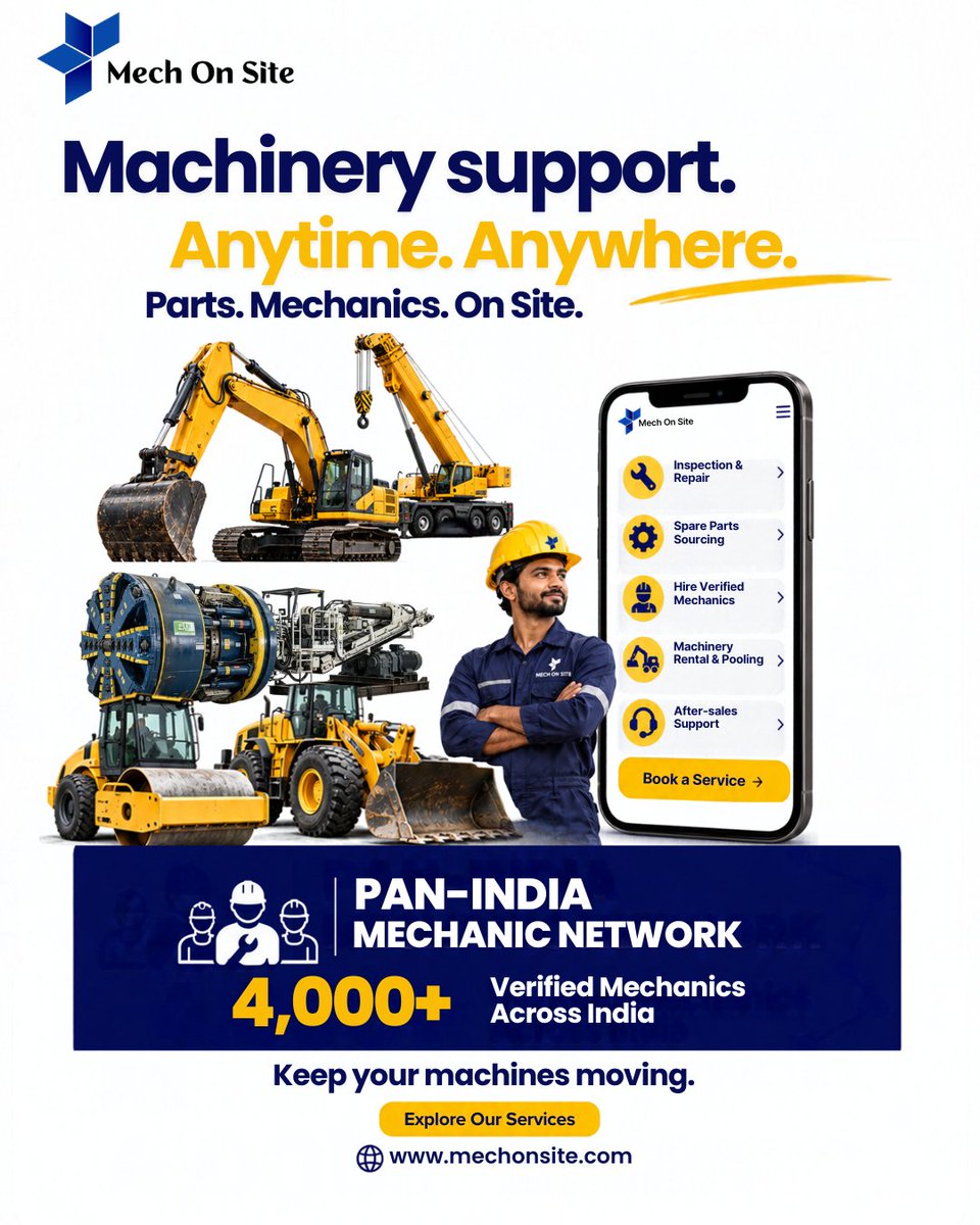 MechOnSite's tweet photo. Machinery support. Anytime. Anywhere. 
From spare parts and on-site repairs to mechanic hiring and machinery rental—Mech On Site keeps your machines moving with 4,000+ verified mechanics across India.
🌐 https://t.co/532LqvaRTw
#MechOnSite #MachinerySupport #PanIndia #support https://t.co/bUMVLgAmM3