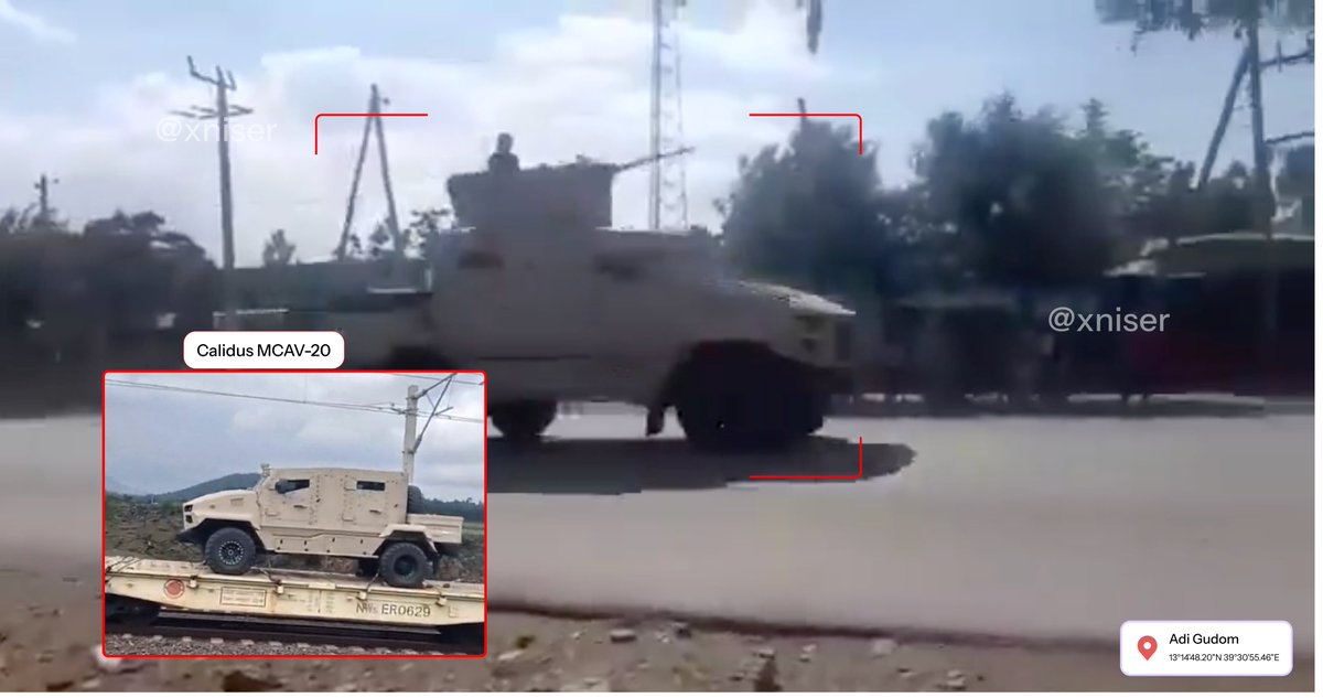 xniser's tweet photo. GEOCONFIRMED ‼️: #ENDF forces are present in Adi Gosum.

Video footage matches structural ground features (telecom tower &amp; electric utility pole alignment). Presence of Calidus MCAV-20 4x4s, operated by ENDF Commando Special Forces, confirms recent operational movement. 

#OSINT https://t.co/AzjNysmDI4