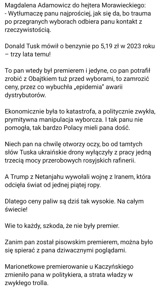 BogulakS's tweet photo. Brawo Pani Magdaleno Adamowicz, tak się orze hejtera Morawieckiego👍  chociaż z mojego punktu widzenia szkoda czasu na tego krzywogębnego c*uja, on już jest na śmietniku historii ☝️👍👍😎👋 https://t.co/WxIujjUmFK