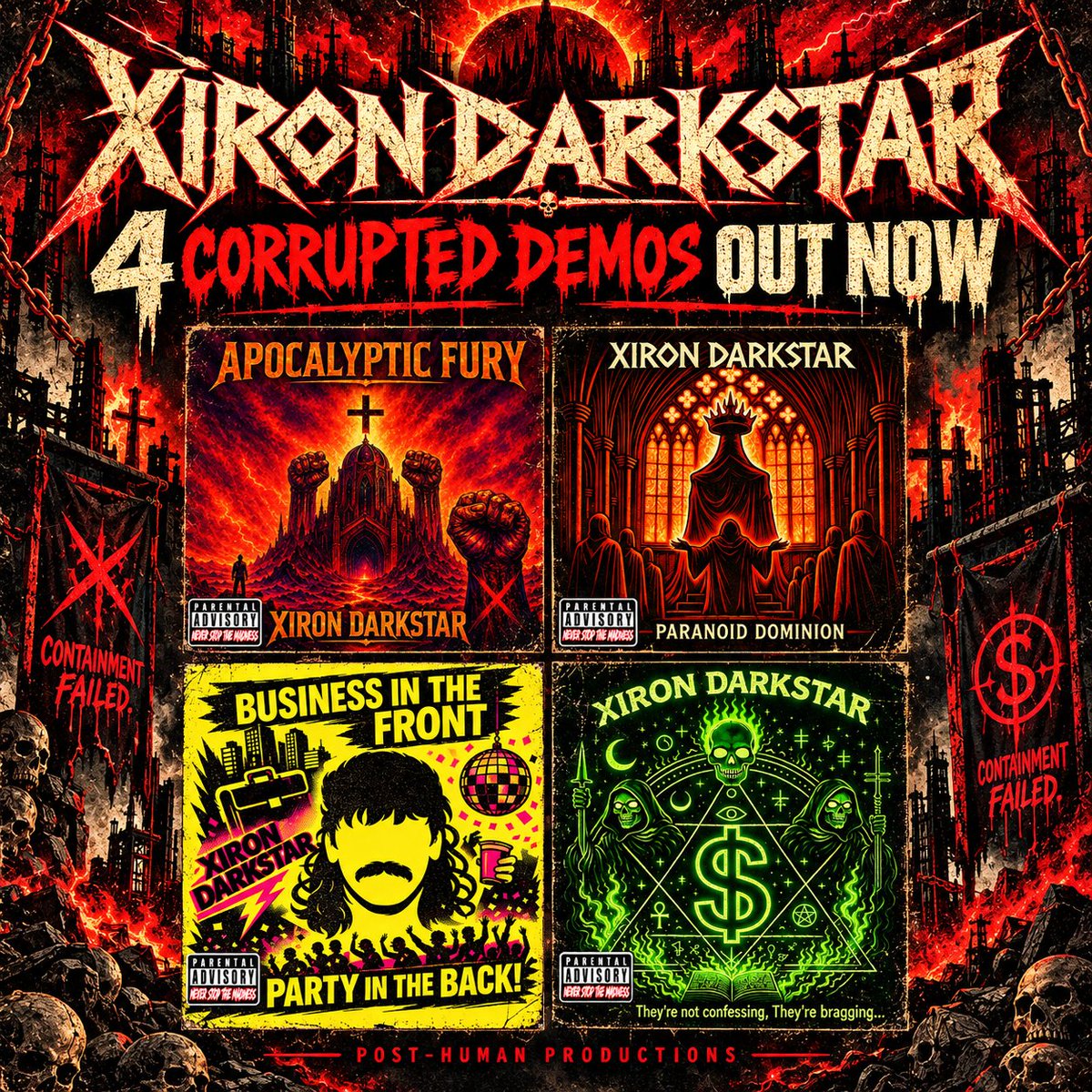 PostHuman_Swarm's tweet photo. 🚨 XIRON DARKSTAR has 4 corrupted demos out now and somehow every single one sounds like the machine learned metal from a cursed hard drive...

-Apocalyptic Fury
-Paranoid Dominion
-Business in the Front, Party in the Back!
-They’re not confessing, They’re bragging...

☢️ pick your containment failure:
https://t.co/wIjGwNMKFK