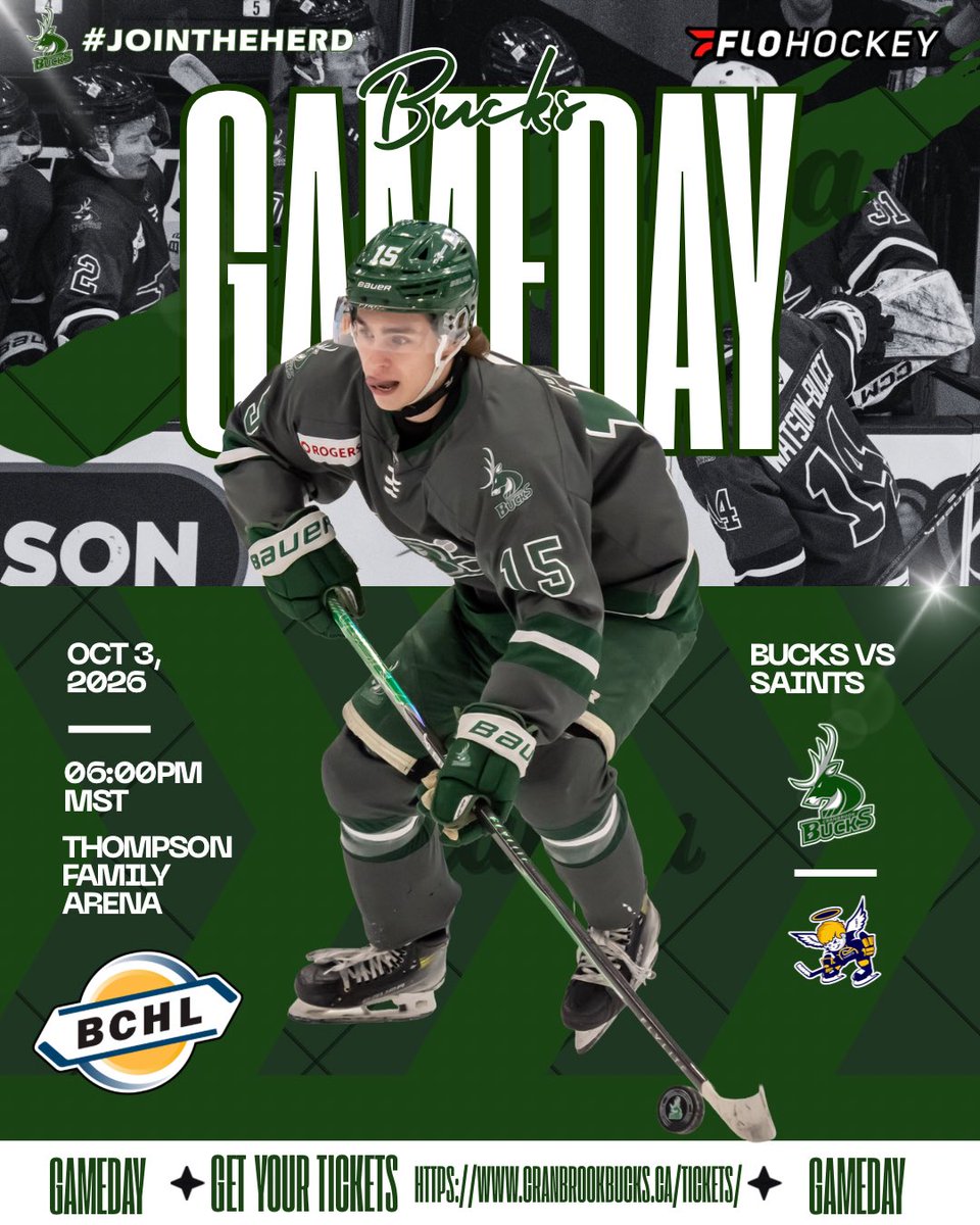 CranbrookBucks's tweet photo. 🚨 GAMEDAY 🚨

The Bucks hit the road for another one! 🦌🔥

🏒 Bucks vs. Saints
📍 Thompson Family Arena — Spruce Grove, AB
🕕 6:00 PM MST
📅 October 3, 2026

Let’s keep the momentum rolling. #JoinTheHerd 💚

#CranbrookBucks #BucksGameday #BCHL #RoadGame https://t.co/Mlhvp6WFYX