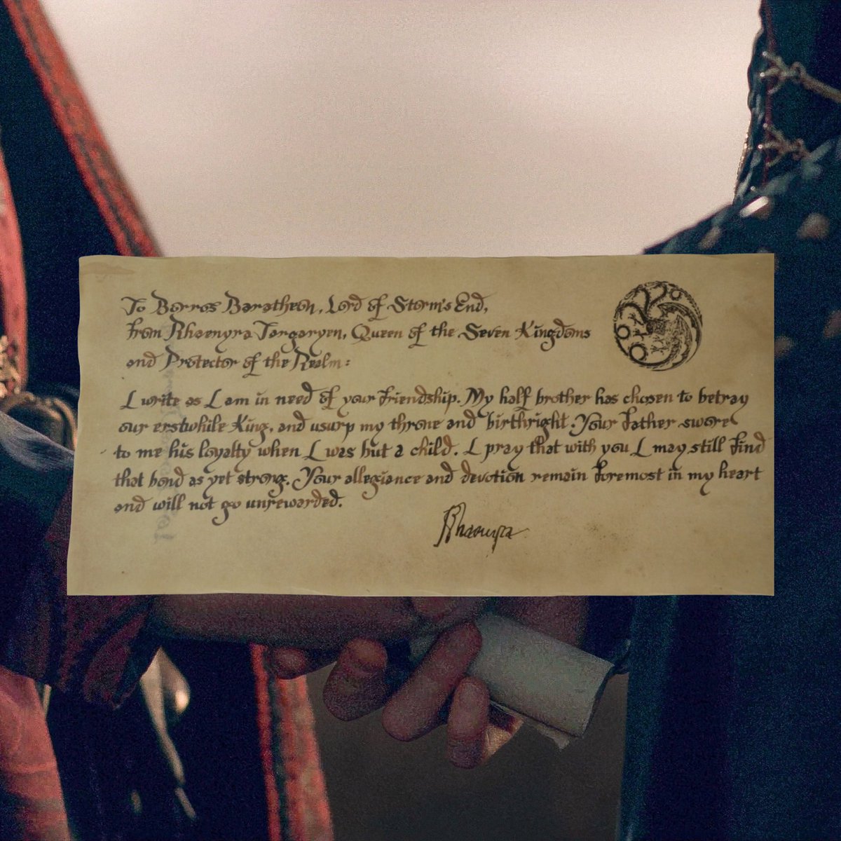 itshelenwhat's tweet photo. rhaenyra’s letter to borros ☹️ she really thought she was sending lucerys to a safe place and she even considered borros as a friend and an proud ally. she didn’t know how vile these men could be yet 💔 https://t.co/G5JhjFhVfg