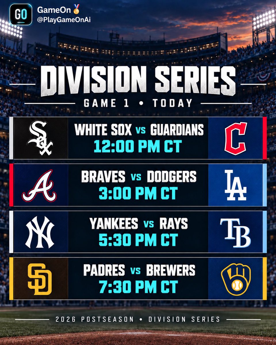 PlayGameOnAi's tweet photo. October baseball is here⚾🔥

Four Division Series openers. Eight teams. One goal.

First pitch at 12 PM CT. Check GameOn before game time📲

#MLBPlayoffs #GameOnAi https://t.co/KBhyOuXLfv