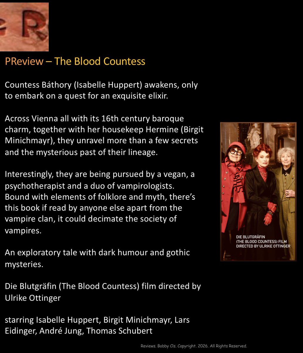 Rcoolmovies's tweet photo. director Ulrike Ottinger
Die Blutgräfin (The Blood Countess) film
Zurich Film Festival
@zurichfilmfest #ZFF2026
#Zurich #ZurichFilmFestival
#UlrikeOttinger
#DieBlutgräfin #TheBloodCountess https://t.co/aV7CwSo2B3