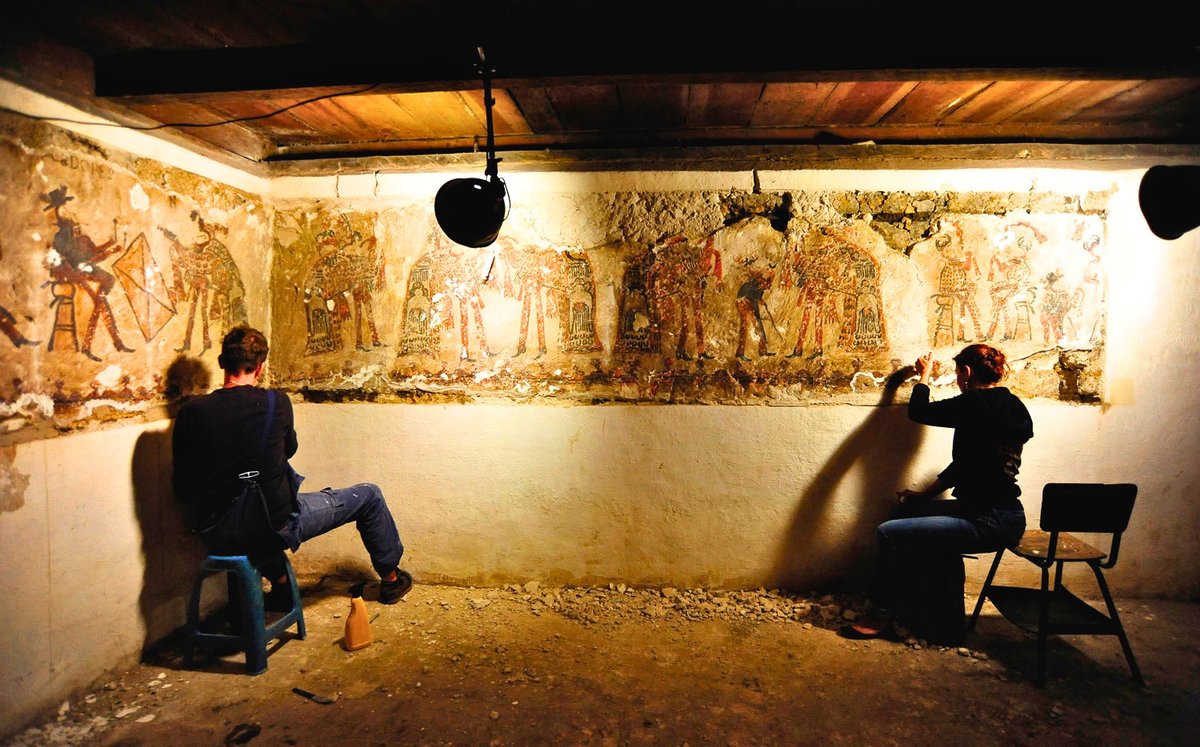 archaeologymag's tweet photo. On a once-lost mural in a Guatemalan farmer’s home, a dancer wears Spanish-style trousers and shoes, but also accoutrements of the Ixil Maya. As archaeologists uncover the murals, the story of a fraught but creatively rich postcolonial moment is emerging.

https://t.co/LAaLOGDUNG https://t.co/EVP9RfJVXv