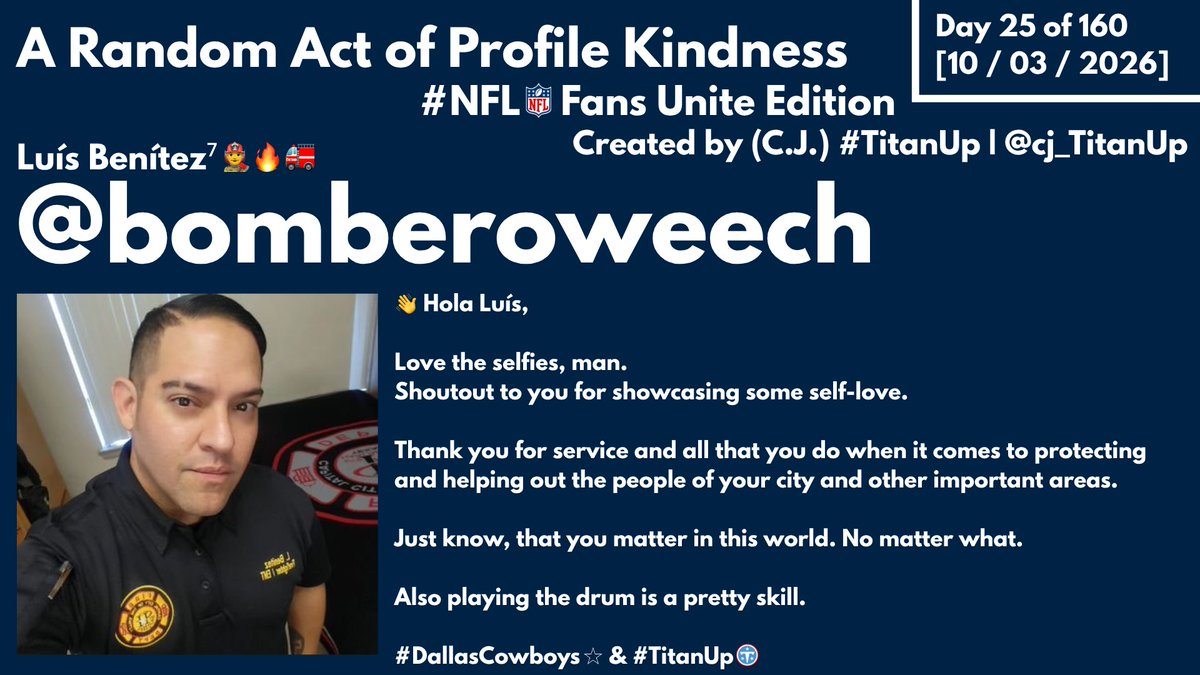cj_TitanUp's tweet photo. Shouting out NFL fans until I’m NFL famous… 
(Day 25)

#NFL Fan of the Day!!!
@bomberoweech 
@Titans | @dallascowboys | #DallasCowboys 

Make sure to show this person some love, positivity, and kindness. https://t.co/QC4UGkpQSW