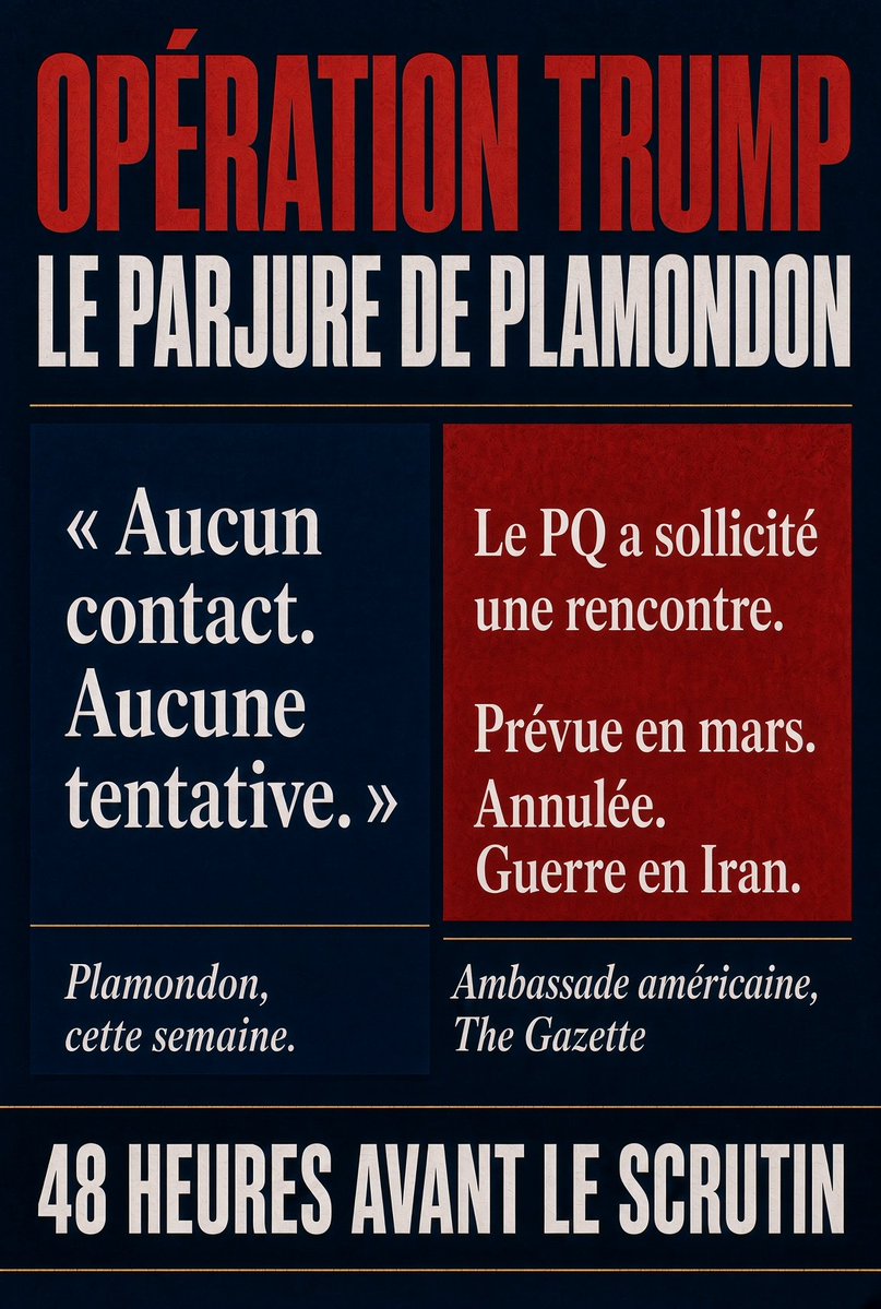 anniedufour99's tweet photo. OPÉRATION TRUMP : LE PARJURE DE PLAMONDON
Paul St-Pierre Plamondon a menti aux Québécois.

Plus tôt cette semaine, il affirmait n’avoir eu « aucun contact », entamé « aucune tentative » pour rencontrer Trump ou des membres de son administration en secret.

Or, ce matin, à 48 heures d’un scrutin crucial, The Gazette nous révèle l’ampleur de l’hypocrisie de PSPP. L’ambassade américaine a confirmé au journal montréalais que le PQ a sollicité des rencontres avec des membres de l’administration Trump. Et les rendez-vous auraient eu lieu en mars, n’eût été la guerre en Iran, qui a contrecarré leurs plans !

Des démarches du PQ, bien sûr, entreprises en catimini, cachées du regard des Québécois. Confronté à ses contradictions et omissions (version polie !), pour toute défense, le PQ bafouille aujourd’hui que ces discussions avec le consulat « ne constituaient pas des démarches officielles ». N’insultez pas notre intelligence en jouant sur les mots !

Plus tôt cette semaine, la négation véhémente de PSPP de ces mêmes faits, ajoutée à son indignation vertueuse et moralisatrice, relève d’une duplicité révoltante.

Il a catégoriquement démenti le tout, allant même jusqu’à accuser les autres partis qui le questionnaient sur ce sujet de donner dans la « désinformation » !

Quant aux médias qui le couvrent, il leur reproche de « distortionner » ses propos.

C’est vraiment le comble de la fourberie.

Comploter en secret avec Trump, qui, c’est public, on le sait, veut annexer le Canada et lui livre bataille par toute la force de son économie, frôle la traîtrise.

De surcroît, l’ingérence américaine dans nos élections plane sur la campagne. Un rapport d’un groupe de réflexion américain (Defense Analyses and Research Corporation) admet clairement qu’il faut apporter un « soutien clandestin au PQ » pour déstabiliser le gouvernement canadien.

Ruth Ben-Ghiat, la grande politicologue experte en gouvernements autoritaires, ainsi que de nombreux experts partout dans le monde, ne cessent de mettre en garde le Canada : la Maison-Blanche de Trump veut aider les mouvements séparatistes afin de fragmenter le territoire canadien. Ainsi morcelé, le Canada sera plus facile à absorber ou à subjuguer.

Plus facile à absorber et à subjuguer !

Et PSPP — cela en ferait presque pitié si ce n’était aussi dangereux — qui pense renforcer le Québec en le séparant du Canada ?

Il ne ferait que mieux l’offrir, tout chaud sur un plateau, prêt à être dévoré par l’Ogre américain, qui se fout, lui, du français, de la culture québécoise, comme il se fiche des Latinos sur son sol !

Si les Américains n’ont aucun respect pour la culture de leurs propres citoyens, comment espérer qu’ils en aient pour celle des étrangers ?

PSPP, non seulement vous mentez, mais vous êtes trop naïf et irresponsable pour diriger la province, étant incapable de jauger les dangers visibles aux yeux de tous.

Québécois, voulez-vous d’un PM comme ça ?
#polqc #Qc2026