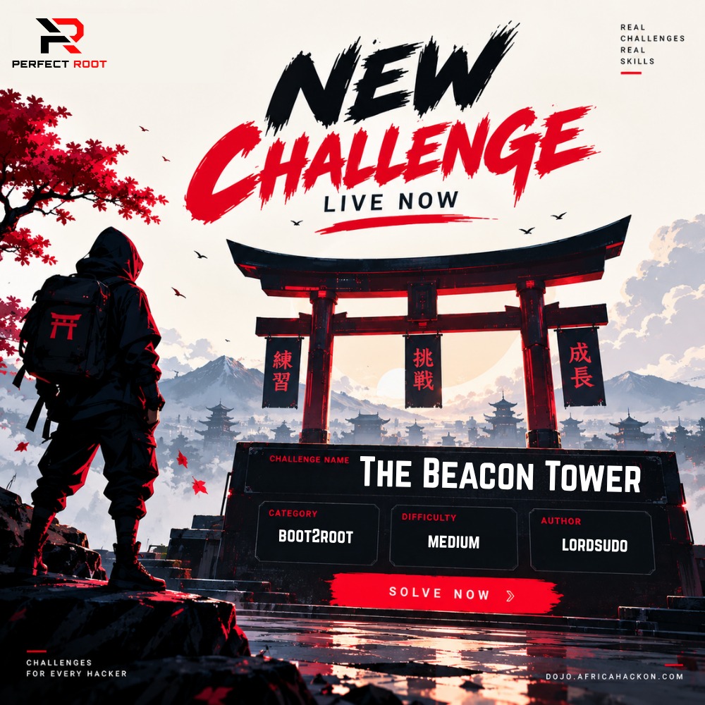 perfectrootdojo's tweet photo. The Beacon Tower is live. 🏯

Boot2Root, Medium difficulty — full chain from foothold to root.

Climb it.

Solve now: https://t.co/PzX3pv2Xpe

#31NightsofR00t #DOJO #CTF #Boot2Root @L0rd5ud0 https://t.co/QEK8B13HkH
