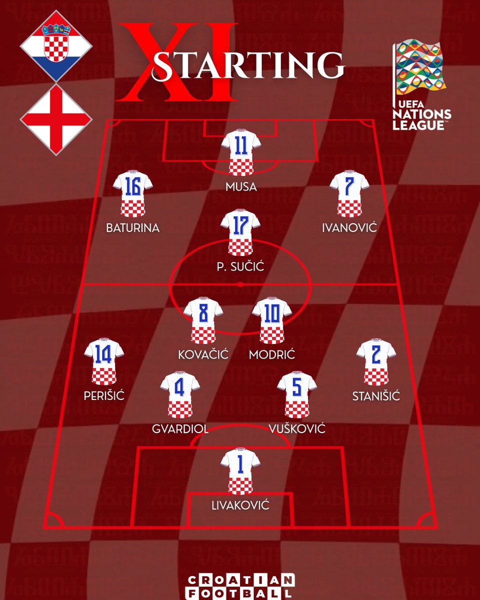 CroatiaFooty's tweet photo. 🇭🇷🏴󠁧󠁢󠁥󠁮󠁧󠁿 Croatia's starting XI vs. England!

Petar Musa and Martin Baturina get their first starts under Slaven Bilić! https://t.co/dPt32fiXbh