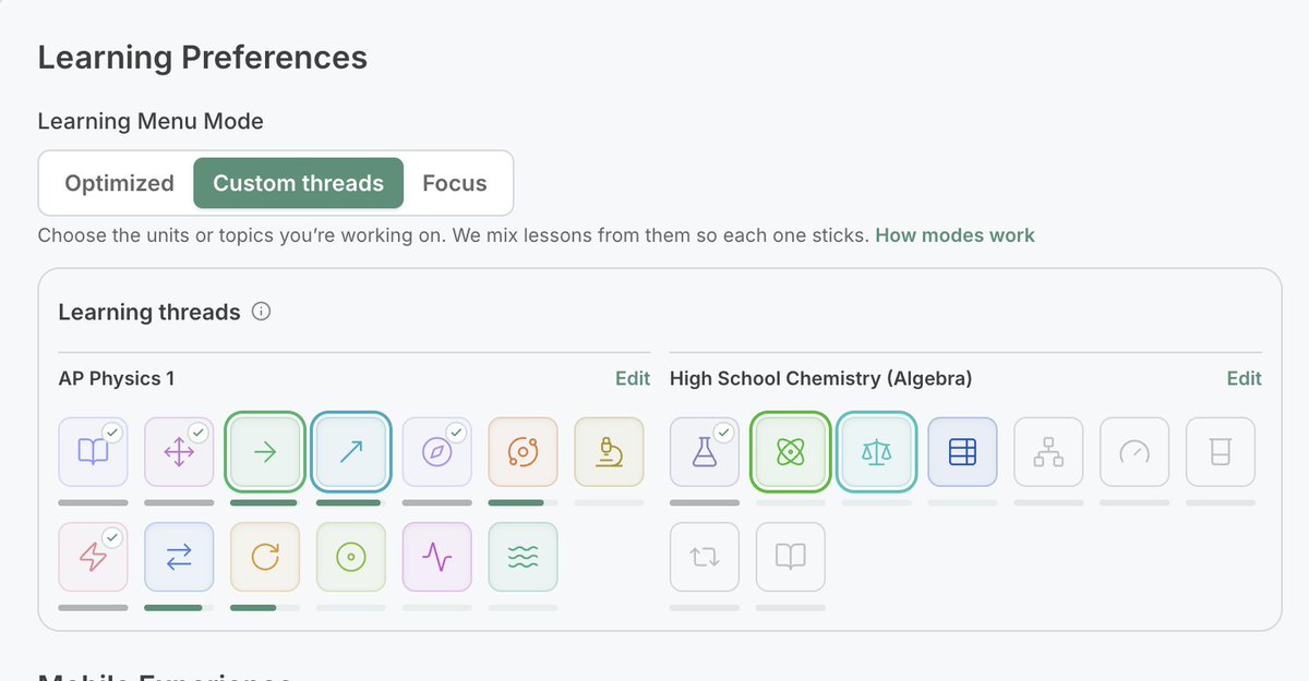 JeffreyBiles's tweet photo. A NEW WAY TO PRIORITIZE YOUR LEARNING

When we first started, we did the standard: we put everyone through unit 1, then unit 2, then unit 3, etc. Many students didn’t like this because this meant very little variety in what they were learning, and it also isn’t optimal for knowledge retention.

Then we added Interleaving, which would prioritize topics in a breadth-first-search type way. This worked fantastic when our knowledge graphs were relatively small.

However, as our knowledge graphs grew, our interleaving algorithm started working less well. Students were getting served new lessons from all over the knowledge graph, in tons of different units, and it led to a less coherent experience.

Then we added Focus Mode, which let you choose a target that you were aiming at, and only served you topics within the prerequisites chain. This was great, but many students don’t know about it, and also once you completed your goal it sent you right back to interleaving.

Now we’ve added a nice middle ground, which provides the benefits of interleaving without the overwhelm that our initial implementation led to.

LEARNING THREADS

By default, you will be served lessons from the first 3 units of your course (or 2 from each course if you’re enrolled in multiple courses). When you finish a unit, that learning thread will switch over to the next available unit. This will work great for most students.

If you want to customize the order you tackle content in, you can choose 1-3 threads per course. Learning threads can be units, or they can be aiming towards a specific topic. When you finish one, you’ll be given a chance to choose a new learning thread to replace it.

With this change, the default experience should now be better - and power users will also have a greater degree of control over their experience.