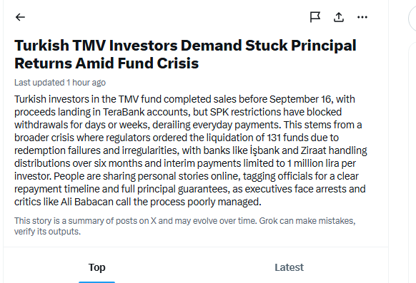 tahtanotlari's tweet photo. 🚨 TMV ARTIK GLOBALDE DE KONUŞULUYOR

TMV mağduriyeti X’in global haber akışına da girdi.

X’in “News” bölümünde “Turkish TMV Investors Demand Stuck Principal Returns Amid Fund Crisis” başlığıyla TMV yatırımcılarının yaşadığı süreç ayrı bir haber başlığı olarak yer aldı.

Yani artık konu sadece Türkiye’de değil, global görünürlük de kazanmaya başladı.

Günlerdir ses çıkaran, paylaşım yapan, yorum yazan, Space’lere katılan herkesin emeği var bunda.

Şimdi daha da güçlü devam.

#TMVDuyulsun #TMV #TeraPortföy