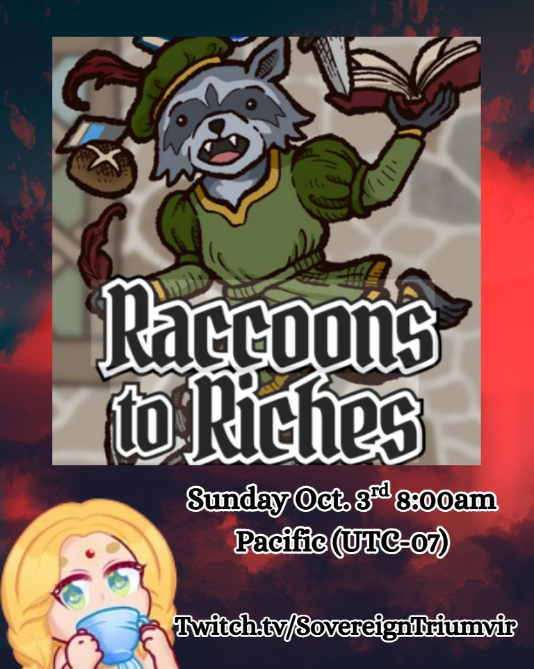 SovTriumvir's tweet photo. Ya'll ready to get Raccoon Rich? Cause that's the whole point of todays stream. We'll be playing Raccoons to Riches, so feel free to join us in chat at 8am Pacific (UTC-07) #indiegame #playindies #streamer #twitch #deckbuilder #pngtuber #vtuber #FoundFaemily #Vsprouts #VSmarties https://t.co/hjYPKCO2pE