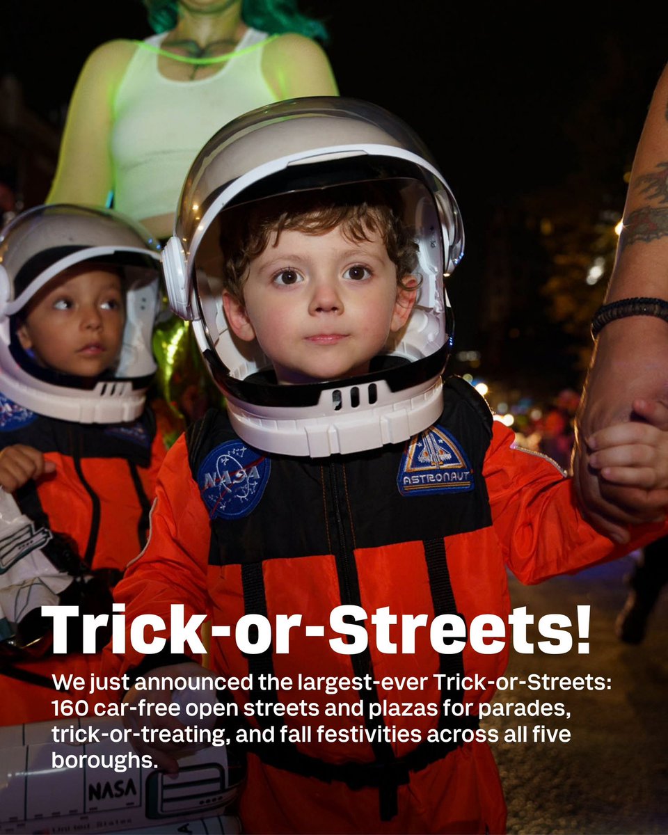 NYCMayor's tweet photo. NYC is opening 160 car-free (but treat-filled) streets and plazas to enjoy fun and safe fall festivities this spooky season. 

Find one near you at https://t.co/pdEjJsvsFh. https://t.co/zmfpBlZGAD