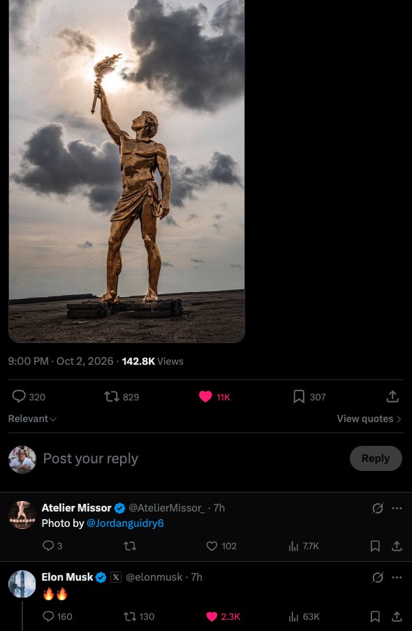 MantisToboban's tweet photo. Elon has now interacted twice with the Prometheus statue since it was finished and it's not going to stop

Elon has tweeted "Prometheus Unbound" three times in the past

If we get one of those tweets, solana:63zfjPfH4uaX3TQZoD35WqUrqiuCQQWndMTxQHsJpump will send to $100m-$200m in one day

If Elon, changes his PFP to the statue, we might go to $500m