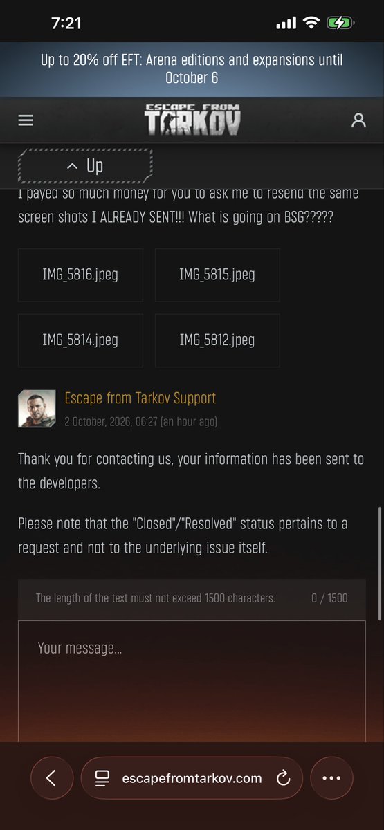GaryKapu's tweet photo. @tarkov Day 6 of not being able to use my stash! Once again BSG developers can’t help at all with the stash bug. 6 days of not being able to play Tarkov because if I move I LOSE STUFF FROM MY STASH. Putting a ticket is useless, they take 6 days ask the same stupid repetitive questions. https://t.co/yZVtxjtWCb