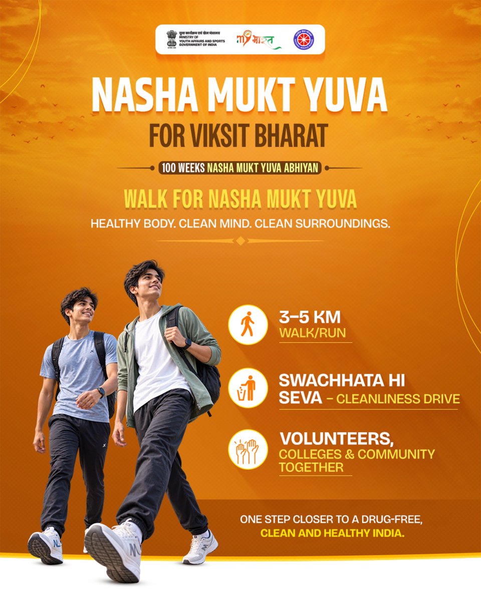 mybharatbpl's tweet photo. Hon’ble PM’s vision of Nasha Mukt Yuva for Viksit Bharat drives the 100 Weeks of Nasha
Mukt Abhiyan.
In Week 3, “Walk for Nasha Mukt Yuva” brings youth together to spread awareness and take
a step towards a healthier, drug-free future.
#nashamuktyuva https://t.co/sPksiBt2rJ
