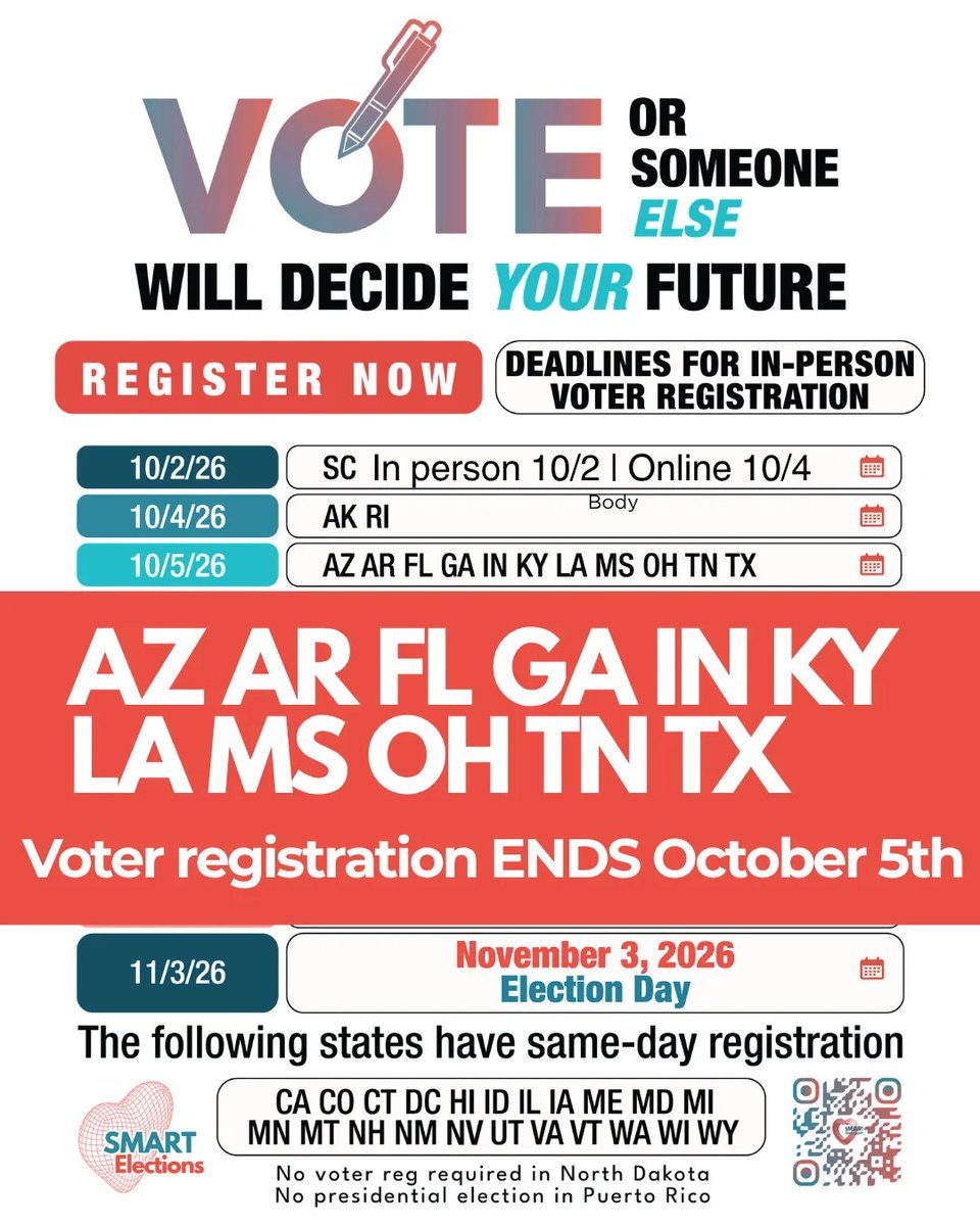 purchmymerch's tweet photo. AZ, AR, FL, GA, IN, LA, MS, OH, TN, TX: Monday, October 5th is the Deadline to Register to #Vote #RegisterToVoteNOW  
(AK, RI, and SC is the 4th!!!)
#VoterAwareness #voteblue #MidtermsAreComing 
#Midterms26 #TrumpianFascism #TrumpsATraitor 
#rockthevote

https://t.co/FMoVBk7GPd https://t.co/ib7tzKmTzJ