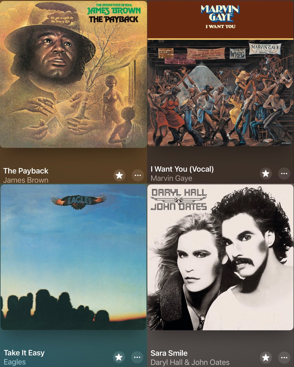 METAVERZUZ's tweet photo. It’s the 1970s. Which song are you playing first?

A) The Payback — James Brown
B) I Want You — Marvin Gaye
C) Take It Easy — Eagles
D) Sara Smile — Hall &amp; Oates https://t.co/UGiCSLUN2i