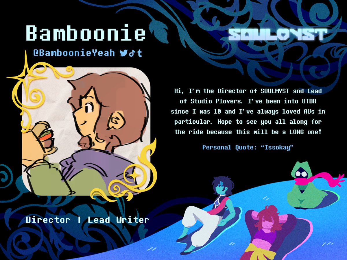 studioplovers's tweet photo. Meet the members of the team behind the next big thing in Deltarune, SOULMYST, give it up for our passionate and talented director of Studio Plovers: @BamboonieYeah!

#Deltarune #SOULMYST_AU #indieanimation #deltaruneau https://t.co/9LfUHgTMB1