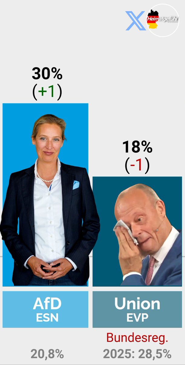 HeimatliebeDE's tweet photo. WAHNSINN!

AfD: 30%
Union: 18%

Am Tag der Deutschen Einheit knackt die AfD bei INSA die 30%-Marke.

Damit ist sie mit großem Vorsprung aktuell stärkste Kraft in Deutschland. Für Merz ist heute kein guter Tag!

Gefällt mir sehr gut!