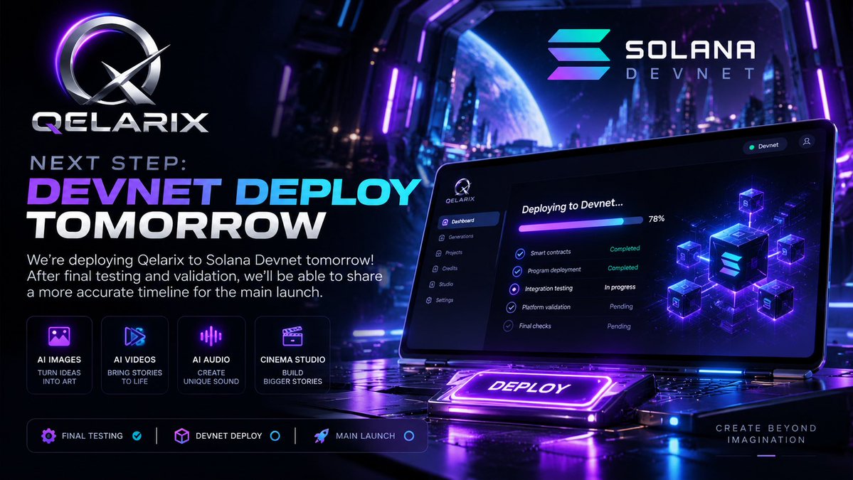 qelarix's tweet photo. Tomorrow marks a major milestone for Qelarix. ⚡

The plan is to deploy Qelarix to Solana Devnet and begin the next phase of real-world testing.

From there, we’ll test, validate, break things, fix them and make sure the foundation is ready for what comes next.

Once that testing phase gives us the confidence we need, we’ll be able to share a much clearer timeline for the Qelarix launch.

We’ve been building toward this for a long time.

Tomorrow, Qelarix takes its next step on @solana 

Create beyond imagination.

#Solana #AI #BuildInPublic #Web3 #GenerativeAI #Crypto #Qelarix