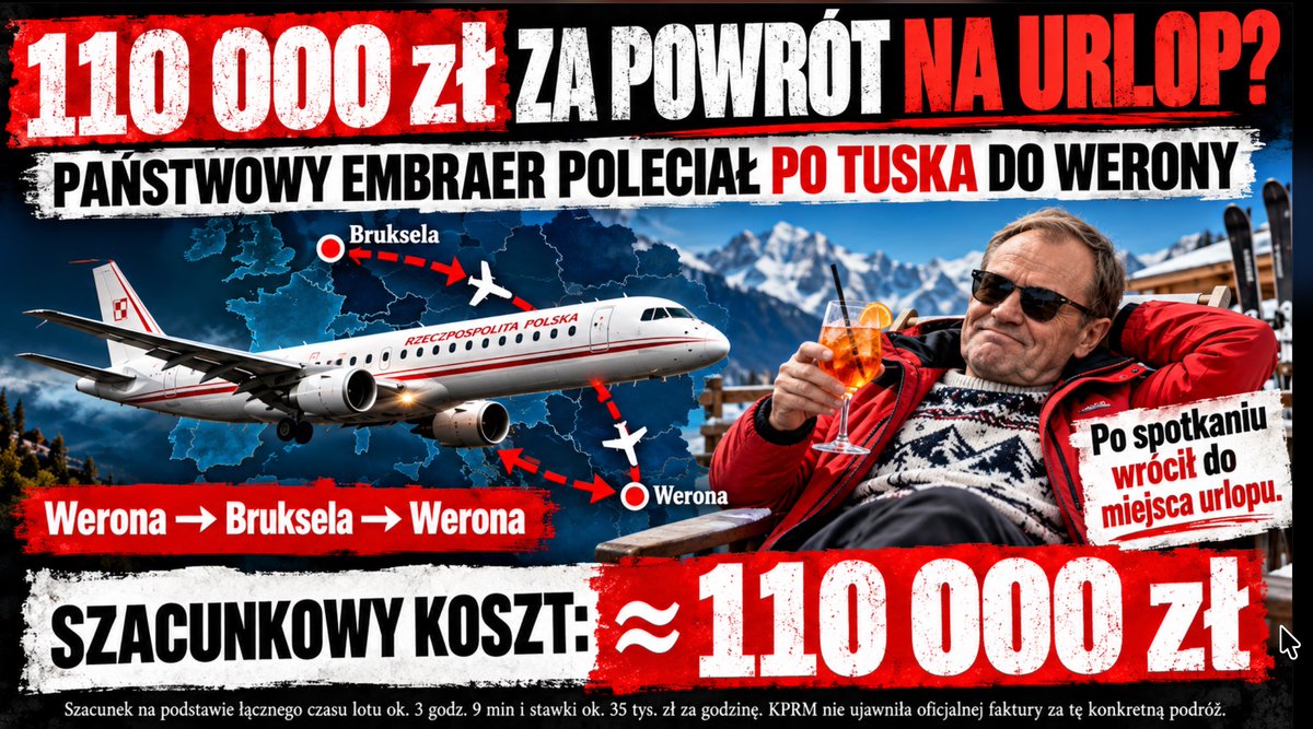 ExplicitePL's tweet photo. Ile polskich podatników kosztują zachcianki Tuska? W styczniu 2026 państwowy Embraer poleciał po Tuska do Werony, zawiózł do Brukseli i odwiózł z powrotem do miejsca urlopu. Ile to kosztowało? Co najmniej 110 000 zł na tylko tę jedną fanaberię. I Tusk twierdzi dziś na x, że jeździ za swoje?🤡😂😂😂😂