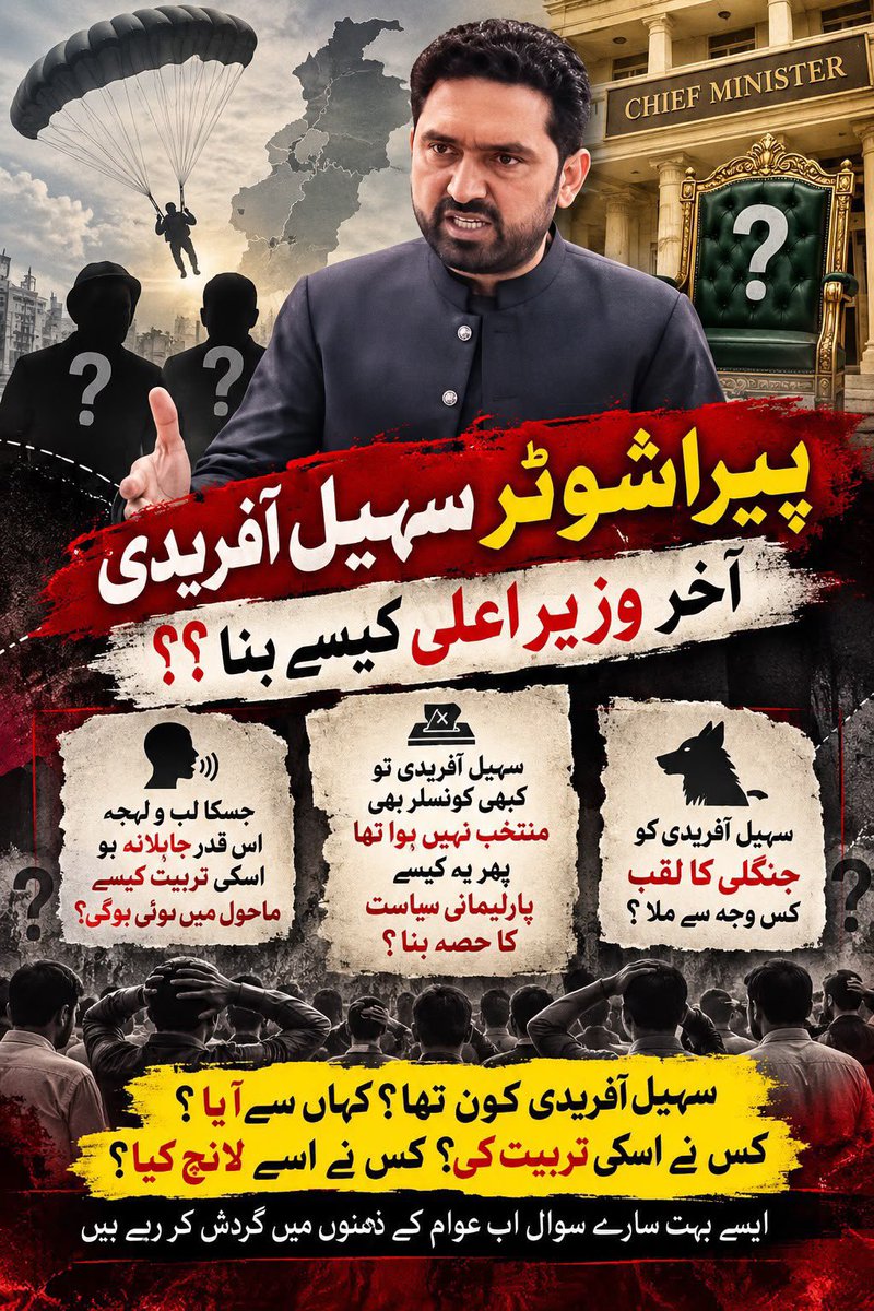 Hanzalamalik97's tweet photo. پیراشوٹر سہیل آفریدی آخر وزیرِ اعلیٰ کیسے بنا؟؟

سہیل آفریدی تو کبھی کونسلر بھی منتخب نہیں ہوا تھا پھر یہ کیسے پارلیمانی سیاست کا حصہ بنا؟

جسکا لب و لہجہ اس قدر جاہلانہ ہو اسکی تربیت کیسے ماحول میں ہوئی ہوگی؟

سہیل آفریدی کو جنگلی کا لقب کس وجہ سے ملا؟

ایک پسماندہ علاقے سے تعلق رکھنے والے کی ذہنی حالت بھی تو پسماندہ ہوگی کیونکہ انسان کی تربیت جیسے ماحول میں ہوتی ہے وہ ویسا ہی ہوتا ہے۔

گزشتہ کئی ماہ سے جسطرح کی گھٹیا زبان اور غلیظ سیاست کا پرچار سہیل آفریدی نے کیا وہ کسی طور بھی ایک مہذب بیک گراؤنڈ کی عکاسی نہیں کرتا۔

سہیل آفریدی کون تھا؟ کہاں سے آیا؟ کس نے اسکی تربیت کی؟ کس نے اسے لانچ کیا؟ ایسے بہت سارے سوال اب عوام کے ذہنوں میں گردش کر رہے ہیں