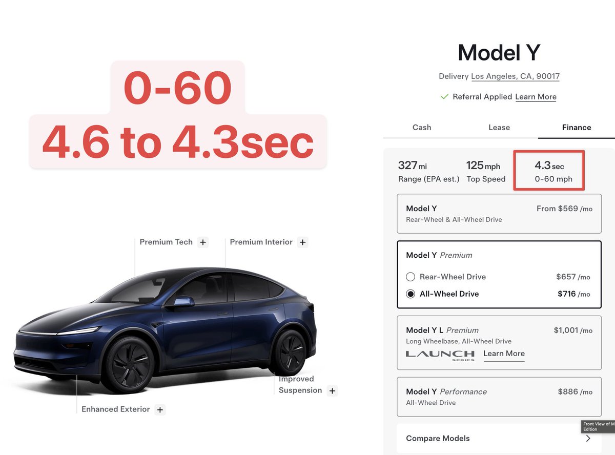 DennisCW_'s tweet photo. ⚠️ No one is talking about this Model Y Refresh.
Tesla basically just added a $2,000 option for FREE.

On Oct 1st, Tesla updated the Model Y specs:

•  0-60 went from 4.6s to 4.3s
-new builds only, not a software update
-the theory is, the new model y got a new front motor
-matching other markets  (~176kW vs ~142kW)

Why this is a DEAL:
the $2,000 accel boost used to get you 4.2s
now a stock model y is basically that… for free

is a Model Y Performance still worth it for $8,000 more?