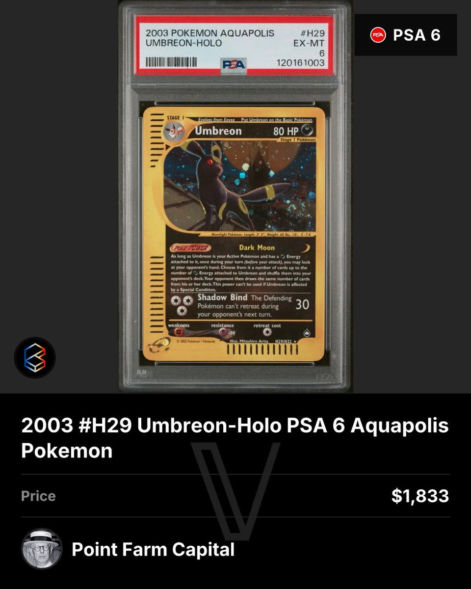vollectorid's tweet photo. This Japanese Town on No Map Umbreon was just onboarded by @buyingyourstops.

Stunning PSA 10, last sale hit $7.9k 2 days ago.

We now track both this Japanese copy and its Western Aquapolis counterpart, held by @pointfarmcap in PSA 6. https://t.co/qjjpUX7Fka