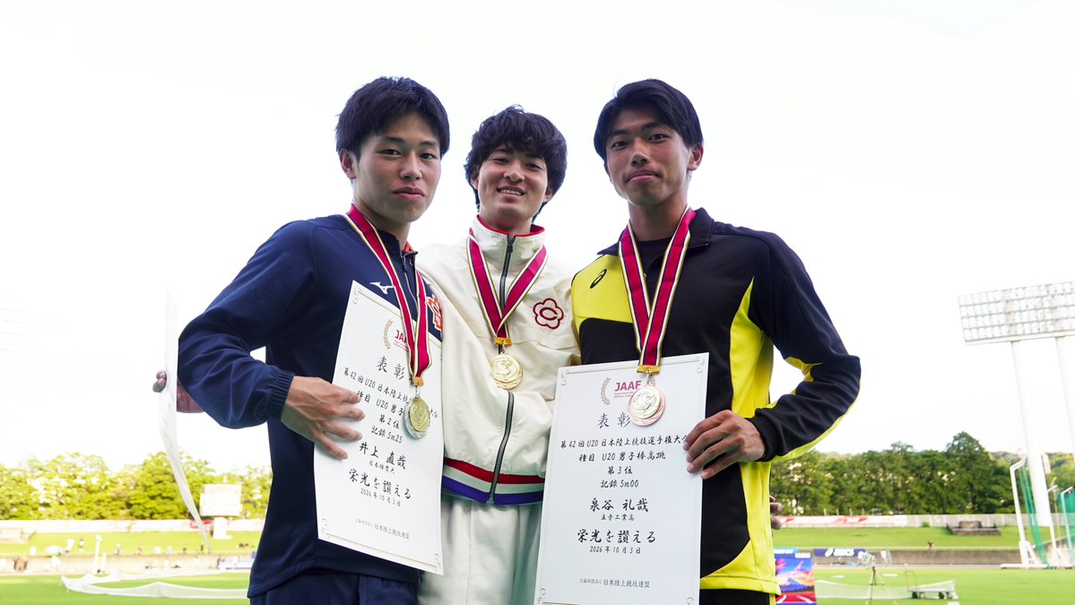 jaaf_official's tweet photo. ＼ ✦#U20日本選手権✦／
✨男子棒高跳✨表彰式✨

1位🥇#谷口海斗
（中京大・愛知）5m25

2位🥈#井上直哉
（日本体育大・徳島）5m25

3位🥉#泉谷礼哉
（王寺工業高・奈良）5m00

おめでとうございます🎉

📹1日目見逃し配信⇒https://t.co/K3dyQTX1Wg
✅大会ページ
https://t.co/lJhtcR50Xu
#JAAF #陸上