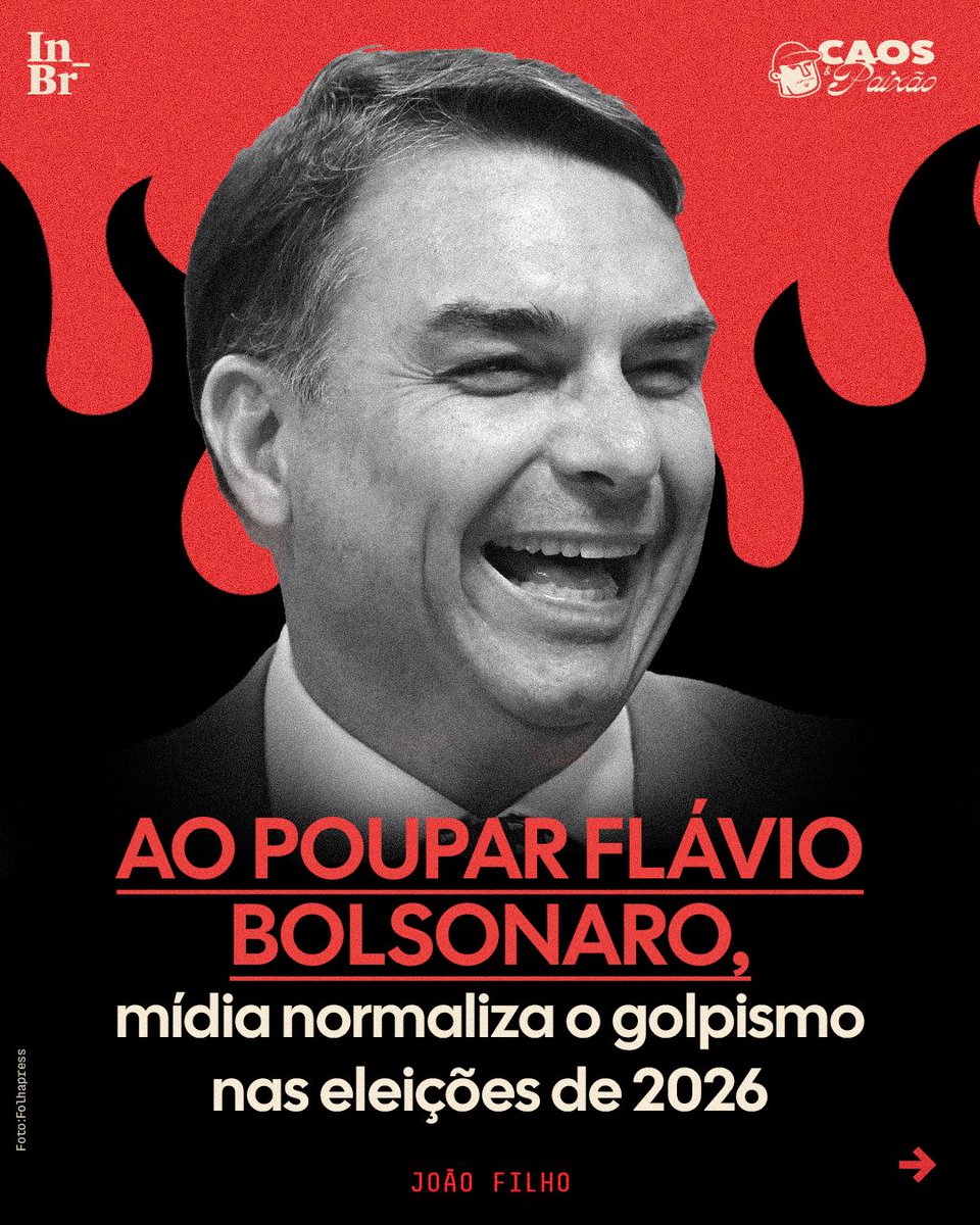 TheInterceptBr's tweet photo. O maior perigo para a democracia brasileira nestas eleições não vem apenas da candidatura abertamente autoritária de Flávio Bolsonaro, mas da forma como a grande mídia escolheu normalizá-la. Essa é a análise do colunista João Filho que, na newsletter Caos & Paixão, comenta sobre como grandes veículos abandonam o dever do jornalismo para agir como fiadores do golpismo.

Leia mais na última edição de Caos & Paixão, a newsletter do @jornalismowando: https://t.co/xpnDjkQfIC