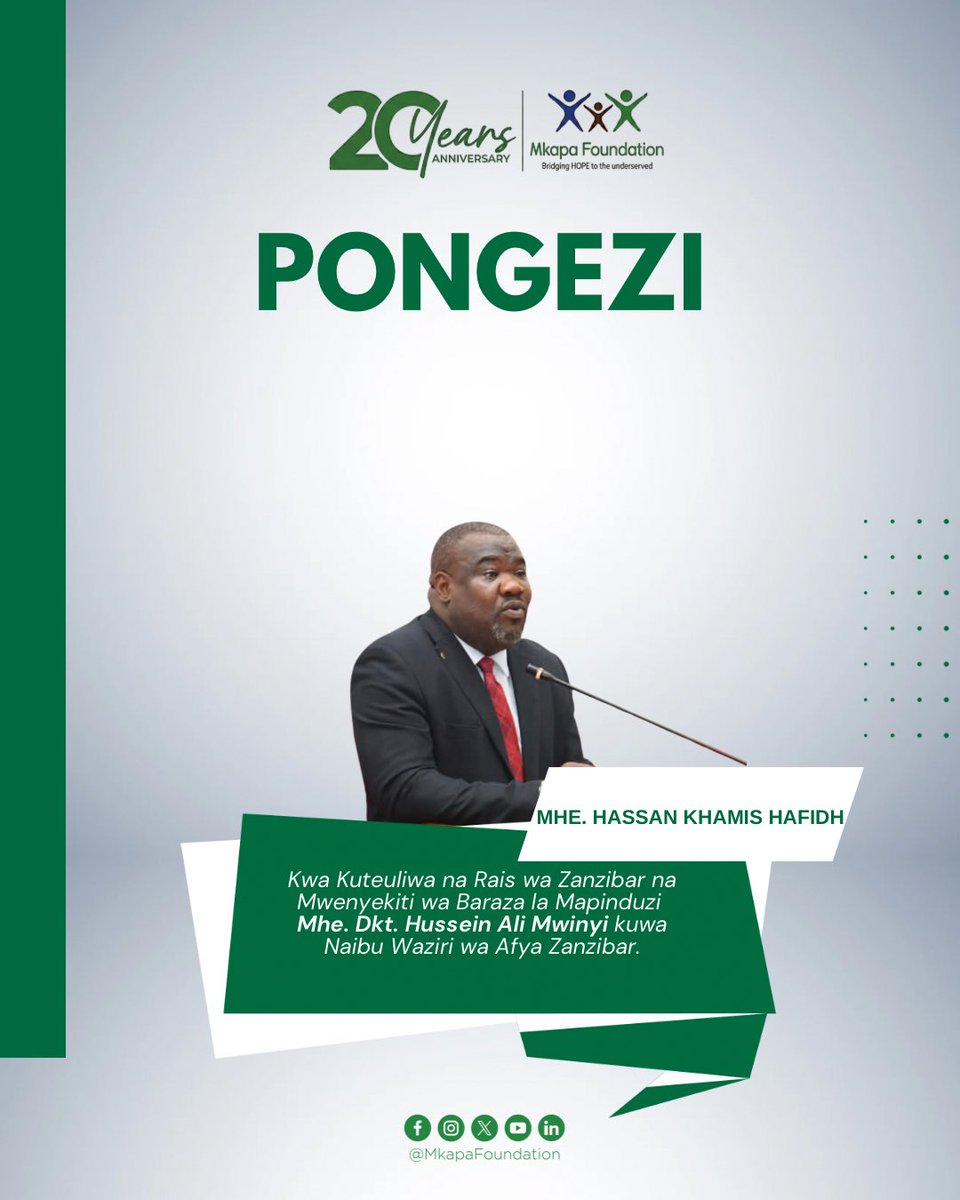 MkapaFoundation's tweet photo. Pongezi za dhati kwa Mhe. Nassor Ahmed Mazrui kwa kuteuliwa kuwa Waziri wa Afya na Mhe. Hassan Khamis Hafidh kwa kuteuliwa kuwa Naibu Waziri wa Afya Zanzibar, kufuatia uteuzi uliofanywa na Rais wa Zanzibar na Mwenyekiti wa Baraza la Mapinduzi, Mhe. Dkt. Hussein Ali Mwinyi.

Tunawatakia mafanikio mema katika majukumu yao mapya na tuna matumaini ya kuendelea kushirikiana pamoja katika kuimarisha mifumo ya afya na kuboresha upatikanaji wa huduma za afya.

#MkapaFoundationAt20 #HopeToTheUnderserved