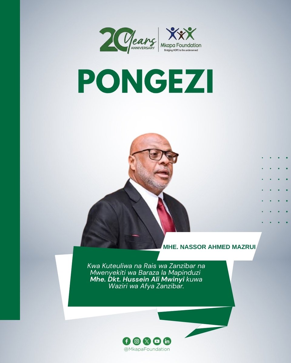MkapaFoundation's tweet photo. Pongezi za dhati kwa Mhe. Nassor Ahmed Mazrui kwa kuteuliwa kuwa Waziri wa Afya na Mhe. Hassan Khamis Hafidh kwa kuteuliwa kuwa Naibu Waziri wa Afya Zanzibar, kufuatia uteuzi uliofanywa na Rais wa Zanzibar na Mwenyekiti wa Baraza la Mapinduzi, Mhe. Dkt. Hussein Ali Mwinyi.

Tunawatakia mafanikio mema katika majukumu yao mapya na tuna matumaini ya kuendelea kushirikiana pamoja katika kuimarisha mifumo ya afya na kuboresha upatikanaji wa huduma za afya.

#MkapaFoundationAt20 #HopeToTheUnderserved