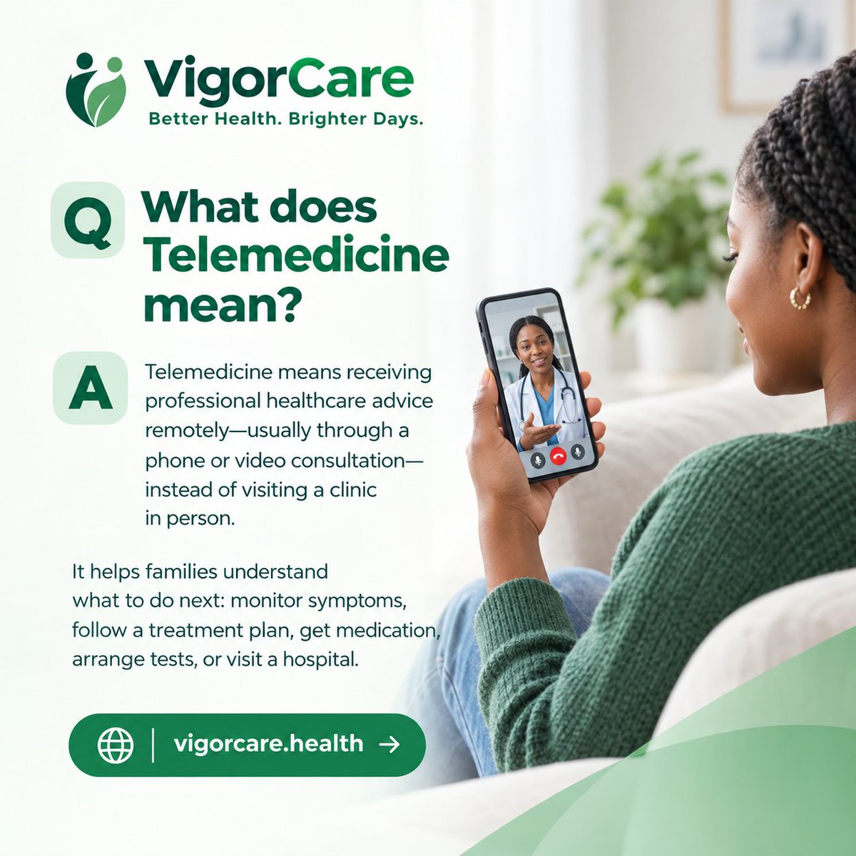 Vigor_Care's tweet photo. What is telemedicine? 📱🩺
Simply put, it’s getting professional healthcare advice remotely, through your phone or a video consultation without always needing to visit a clinic.
Better Health. Brighter Days. 💚
🌐 https://t.co/FkUeiXSuro
#VigorCare #Telehealth #DigitalHealth https://t.co/kHJUvcO2wy