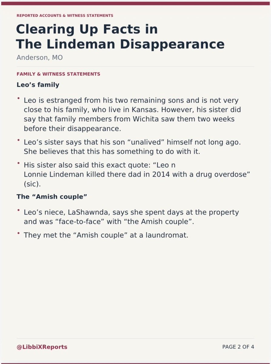 LibbiXReports's tweet photo. 📌NEW: #Lindeman Update
•4 pages of info below 👇
Somethings we already knew, but unclear on. Added context.
#Missouri #MissingPersons https://t.co/F5eDI3J56f