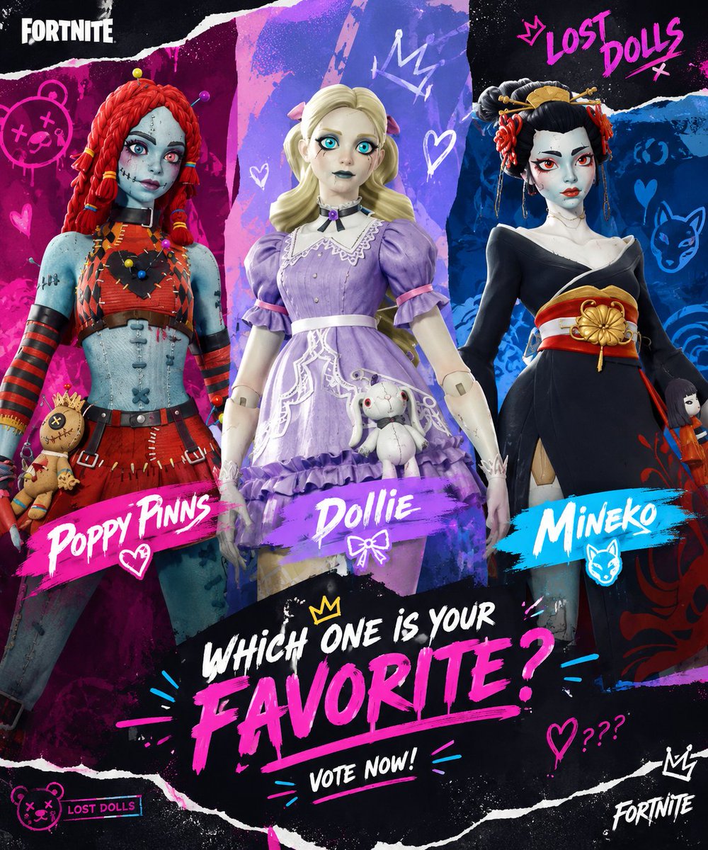 ASMORANO132947's tweet photo. Three Lost Dolls have arrived... 🧸
Different looks.
Different vibes.
One question:
Which doll are you taking to the Island? 

#Fortnite #LostDolls #Mineko #Dollie https://t.co/W7VpFdkxYO