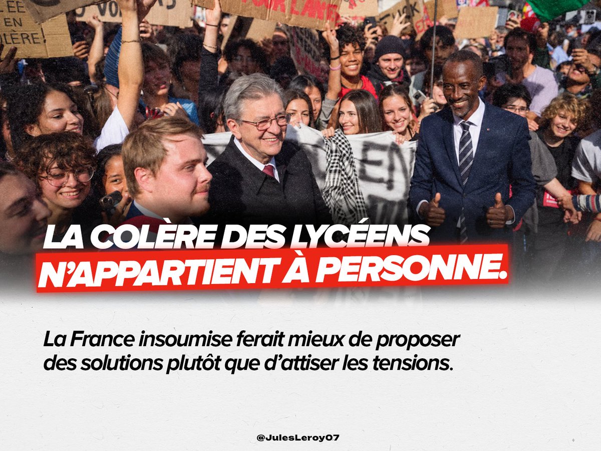 JulesLeroy07's tweet photo. Les lycéens ne sont pas des pions politiques.

Leur colère est légitime. La récupérer pour faire avancer l’agenda de la @FranceInsoumise ne l’est pas.

Quand on prétend défendre la jeunesse, on lui propose des solutions.

On n’attise pas la violence et les tensions. https://t.co/wO6rP7KqjH