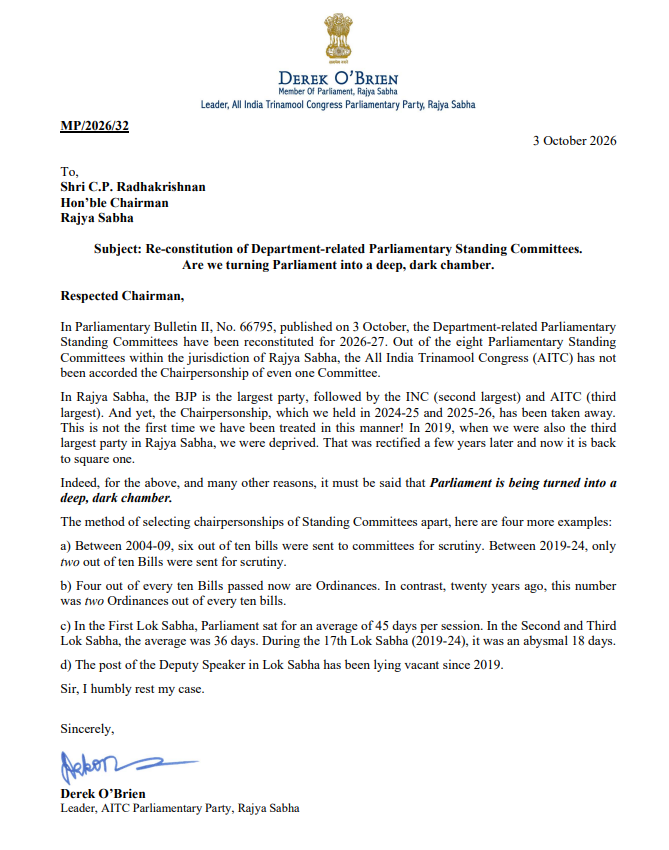 PTI_News's tweet photo. TMC Rajya Sabha leader Derek O’Brien writes to Chairman C. P. Radhakrishnan, pointing out that the AITC has not been given the chairpersonship of even one of the eight Rajya Sabha Department-related Standing Committees for 2026–27. He alleges that “Parliament is being turned into a deep, dark chamber.”
