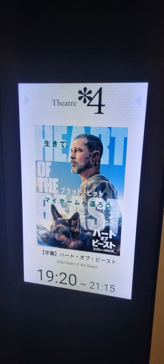 DK_hrmt0916's tweet photo. 今日は朝から昼までどうも体が重く、夕方から行動開始。

とりあえず映画館へ。
ブラピ良かったよ、、、（現在、御年62歳）
終盤のあるシーンの表情で見事に泣かされた。

最近、途中退場してしまう犬映画が多めな中、ちゃんと最後まで出てたのもとても良き。 https://t.co/dVuTswLwaO