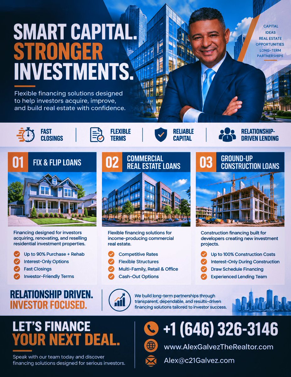 alexandergp3000's tweet photo. Smart Capital. Stronger Investments. | Real Estate Investment Financing Solutions 💼🏠📈
📞 Let's finance your next deal.
+1 (646) 326-3146
🌐 https://t.co/N7EG1Wgnne
.
.
#RealEstateInvesting 🏠
#RealEstateFinancing 💰
#CommercialRealEstate 🏢
#FixAndFlip 🛠️ https://t.co/9B5nmTQ4Lu