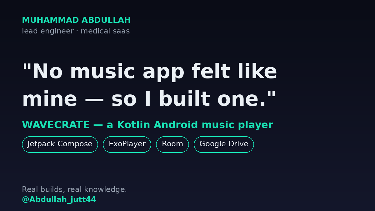 Abdullah_jutt44's tweet photo. No music app felt like mine, so I built one: Wavecrate, an Android music player in Kotlin (Jetpack Compose, ExoPlayer, Room).

I'm a lead engineer at a medical SaaS — side builds are where I level up.

Founders: what tool does your business wish existed? https://t.co/9GwQT1XhiO