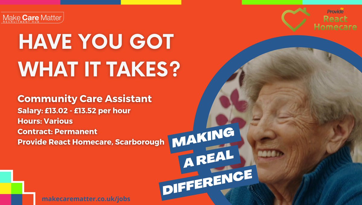 MakeCareMatter's tweet photo. Provide React are hiring Community Care Assistants to join their team
💷£12.52 per hour, £13.02 per hour (weekends)
📄Permanent contract
⏰Various hours
🚗Driving licence + car req
Apply now https://t.co/iCZ0Pz8ZWs
#MakeCareMatter #CommunityCare #WorkInCare #NorthYorkshireJobs https://t.co/DB4w5D2ElW