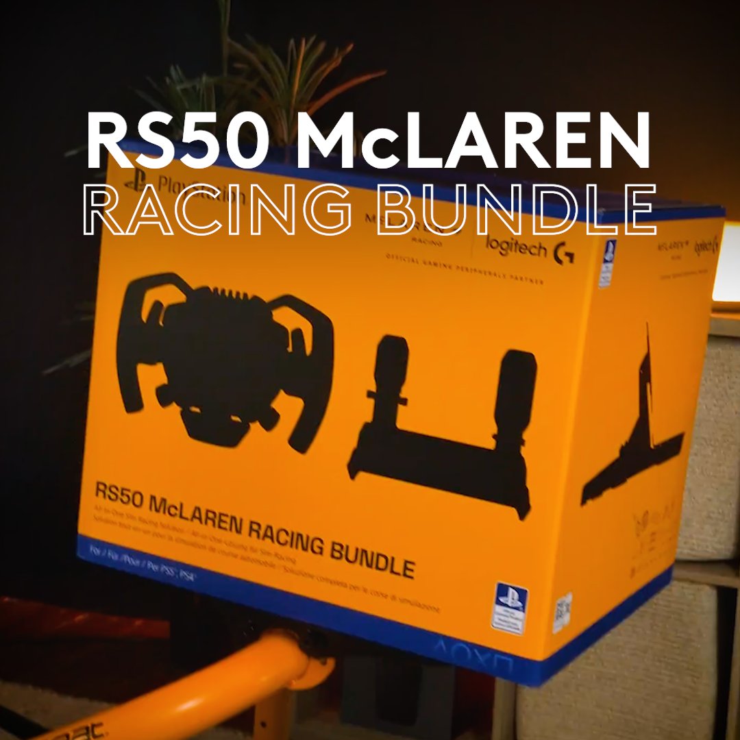 A Logitech G RS50 McLaren Racing Bundle box, featuring silhouettes of a steering wheel and pedals alongside McLaren and Playseat branding, rests against an orange frame in papaya orange with the PS4/PS5/PS4 logos visible on the lower edge. The text overlay reads "RS50 McLAREN RACING BUNDLE," matching the post announcing the new sim racing setup for McLaren F1 fans.