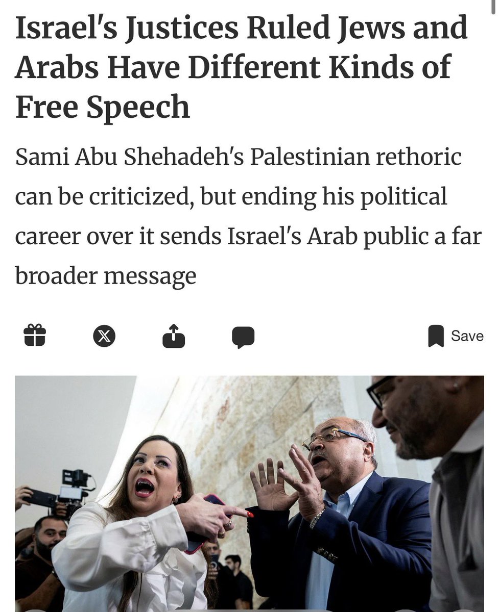 _ZachFoster's tweet photo. “Only democracy in the Middle East” has 2 sets of speech rules: one for Jews and one for Palestinians.

In English, we call this Apartheid. Not so complicated after all. https://t.co/MGIFyPnXeL