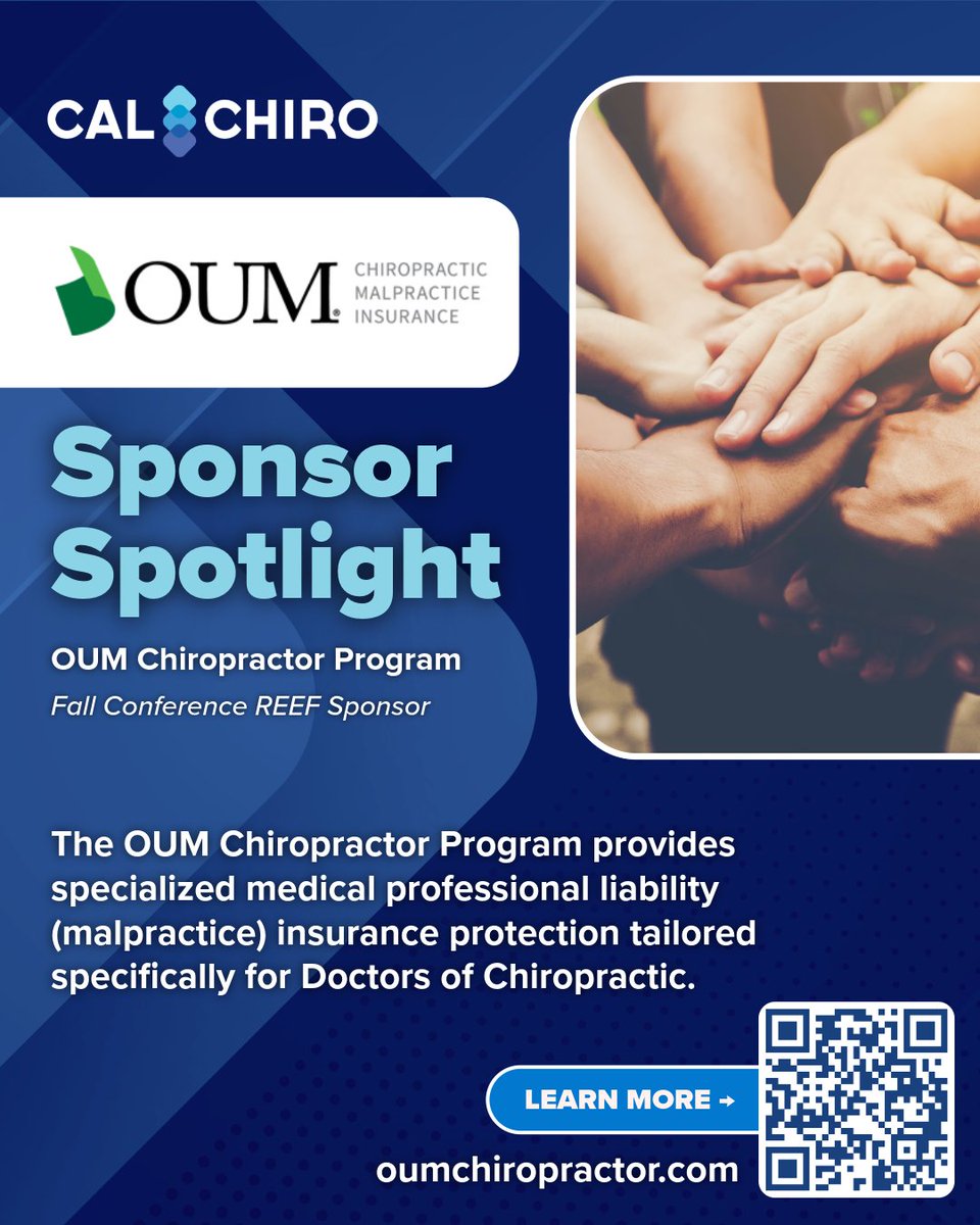 CalChiroOrg's tweet photo. The OUM Chiropractor Program has provided medical professional liability insurance protection—and peace of mind—to chiropractors for many years.

Learn more → https://t.co/NFycjbgHZi

#CalChiroSponsors https://t.co/6T3JZRP7bi