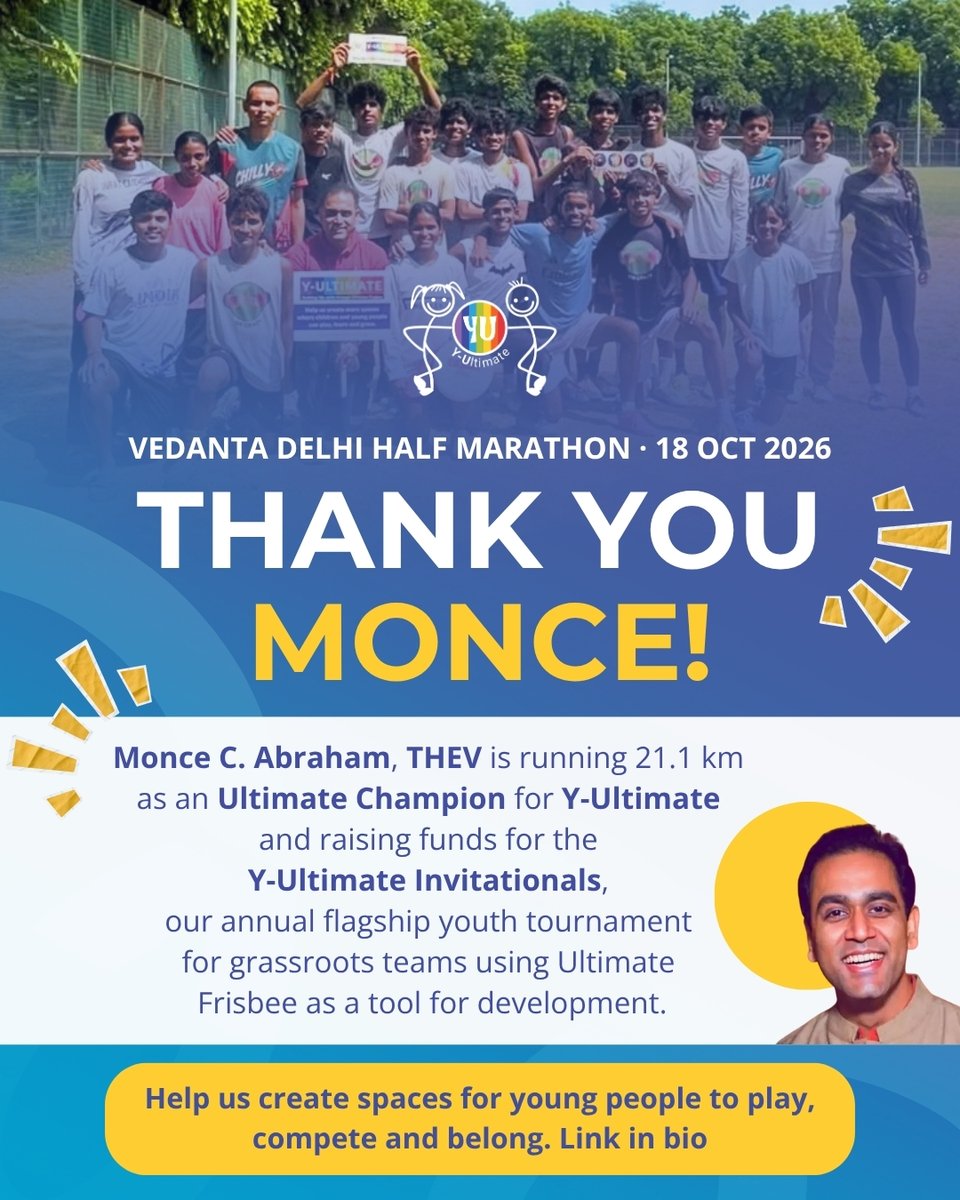 THEV_Group's tweet photo. Every year, @MonceAbraham runs the Vedanta Delhi Half Marathon (@DelhiHM_) representing a non-profit working with kids and /or education.
This year, he's running for Y-Ultimate
#VedantaDelhiHalfMarathon #VDHM2026 #UltimateChampion #UltimateFrisbee #YUltimate #MonceAbraham #THEV https://t.co/4T7F0oJobQ